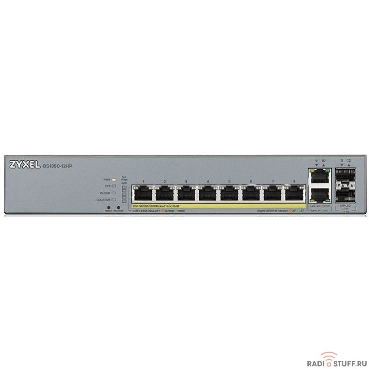 ZYXEL GS1350-12HP-EU0101F L2 коммутатор PoE+ для IP-видеокамер 10xGE (8xPoE+), 2xSFP, бюджет PoE 130 Вт, дальность передачи питания до 250 м, автоперезагрузка PoE-портов